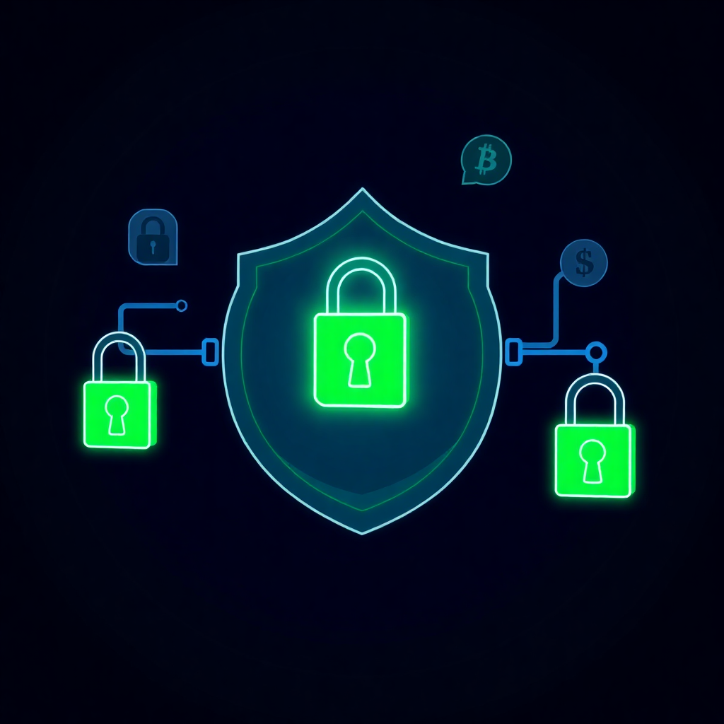 Illustration of a secure escrow system with digital locks and transaction icons, neon green highlights on a dark background