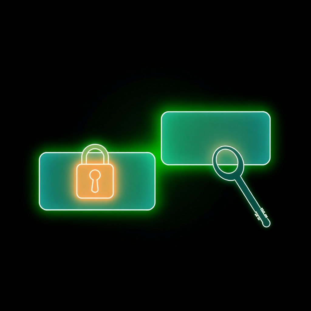 Visual of encrypted messages with padlock and PGP key icons, green and blue neon on dark background