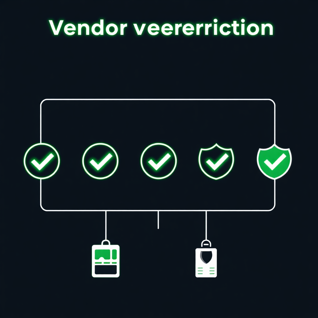 Vendor verification process with checkmarks, ID cards, and shield icons, neon green on dark background