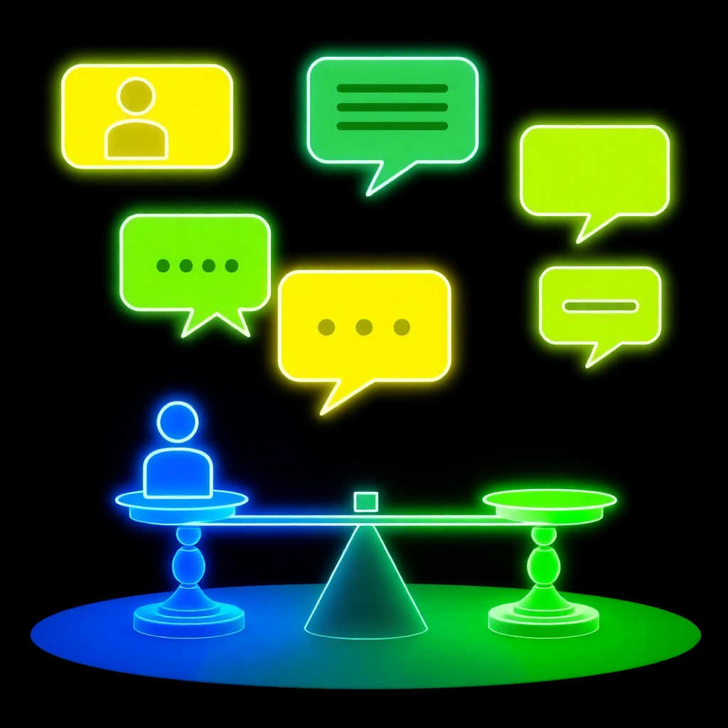 Dispute resolution with moderator icons, chat bubbles, and balance scales, neon green and blue on dark background